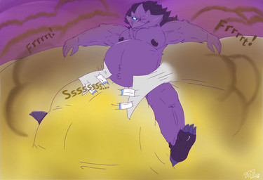 anthro belly big_belly clothing diaper excessive_feces fart feces fur hyper hyper_feces male one_eye_closed overweight overweight_male purple_body purple_fur scatplay soiled_diaper soiling solo unclean_diaper used_diaper bigbearbruno avian bird