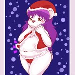 anthro belly big_belly bloated blue_background blush bodily_fluids breasts camel_toe christmas_clothing christmas_headwear christmas_panties christmas_underwear clothed clothing costume crop_top emanata embarrassed female front_view frown hair hand_to_face hat headgear headwear holidays long_hair navel orange_eyes overweight overweight_female panties pink_nose purple_hair red_clothing red_crop_top red_panties red_shirt red_topwear red_underwear rumbling_stomach santa_costume santa_hat shirt simple_background skimpy small_breasts snow solo standing tears tears_of_embarrassment topwear underwear wardrobe_malfunction young young_anthro maverick christmas anise_(maverick) bear mammal polar_bear ursine 1:1 2017 hi_res portrait three-quarter_portrait