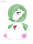 anthro areola big_breasts blush breasts female green_hair hair multicolored_body nipples nude pink_areola pink_nipples red_eyes simple_background smile solo two_tone_body coyotebass nintendo pokemon gardevoir generation_3_pokemon mammal pokemon_(species) absurd_res digital_media_(artwork) hi_res