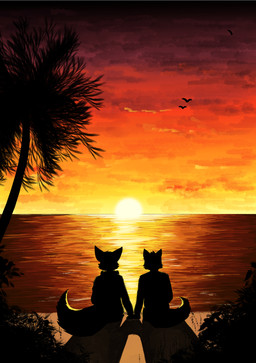 ambiguous_gender anthro clothed clothing duo_focus faceless_ambiguous faceless_anthro faceless_character group head_tuft outside palm_tree plant rear_view reflection romantic romantic_couple shrub silhouette sitting sunset tree tuft unsigned papayafurry ambiguous_species absurd_res hi_res