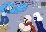 beak blue_hair blush bone bottomwear clothing denim denim_bottomwear denim_clothing dialogue female group hair jeans male neck_tuft pants skeleton text tuft white_hair wings sticspace deltarune undertale undertale_(series) undertale_yellow martlet_(undertale_yellow) papyrus_(undertale) rouxls_kaard avian bird absurd_res english_text hi_res