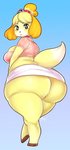 anthro big_breasts big_butt blue_background blush bottom_heavy breasts butt clothed clothing female fur hair huge_butt looking_at_viewer looking_back overweight overweight_anthro overweight_female rear_view simple_background slightly_chubby solo standing thick_thighs tight_clothing wide_hips yellow_body yellow_fur spamjamz animal_crossing nintendo isabelle_(animal_crossing) canid canine canis domestic_dog mammal shih_tzu toy_dog 2021 hi_res