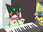 ambiguous_gender bite biting_object blue_eyes blue_markings claws convenient_power finger_claws fur green_body green_fur keyboard_instrument markings music musical_instrument musical_keyboard pawpads pink_pawpads playing_music plug_in red_eyes sparks yellow_body yellow_fur tontaro keyboard_cat nintendo pokemon generation_7_pokemon generation_9_pokemon legendary_pokemon meowscarada pokemon_(species) zeraora animated meme sound webm