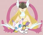 :3 biped blonde_hair blue_eyes clothing duo ear_tuft female fur gloves hair handwear heart_eyes heart_symbol light_body light_skin pink_background purple_body purple_fur purple_stripes simple_background sparkles star stripes tuft whiskers white_body white_fur mt bandai_namco digimon angewomon digimon_(species) gatomon 2014 digital_media_(artwork) hi_res