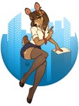 anthro bottomwear brown_body brown_eyes brown_fur brown_hair clothing countershading dress_shirt female fur gradient_eyes green_eyes hair holding_object holding_pen hooves legwear miniskirt necktie paper pen pencil_skirt shirt sitting skirt solo stockings topwear inktiger juniper_west_(spyglass8) deer mammal 2024 full-length_portrait portrait