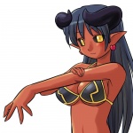 black_hair black_sclera breasts clothed clothing ear_piercing female hair horn humanoid_pointy_ears not_furry piercing pointy_ears red_body red_skin skimpy solo tan_body tan_skin yellow_eyes unknown_artist shinrabanshou astaroth demon humanoid 1:1