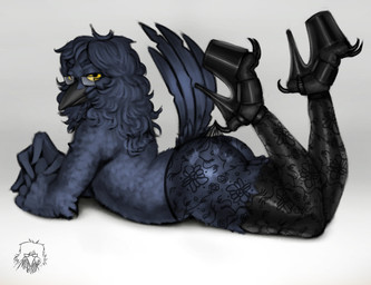 anthro beak big_butt butt clothed clothing crossdressing eyewear feather_hands feathers femboy footwear glasses hair high_heels leggings legwear long_hair looking_at_viewer lying male on_front pantyhose platform_footwear platform_heels rectangular_glasses shoes simple_background skimpy solo tail tail_feathers yellow_eyes red_safe_boi hooked_on_heel_(trend) avian bird corvid corvus_(genus) crow oscine passerine absurd_res hi_res