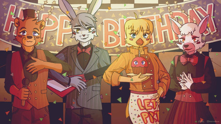 5_fingers anthro beak black_nose blue_body blue_eyes blue_fur bottomwear bow_tie breasts brown_body brown_fur brown_inner_ear_fluff clothed clothing day dress electric_guitar electronics eyebrows female fingers fur group guitar hat head_tuft headgear headwear inner_ear_fluff inside male microphone musical_instrument orange_beak orange_eyes pants plate plucked_string_instrument purple_eyes red_nose shirt small_breasts standing string_instrument text top_hat topwear tuft vest yellow_body yellow_eyes naturanevie five_nights_at_freddy's five_nights_at_freddy's_2 scottgames cupcake_(fnaf) mangle_(fnaf) toy_bonnie_(fnaf) toy_chica_(fnaf) toy_freddy_(fnaf) avian bear bird canid canine chicken fox galliform lagomorph leporid mammal phasianid rabbit 16:9 2020 digital_media_(artwork) english_text shaded widescreen