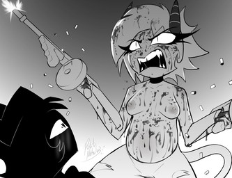 2_horns ambiguous_gender ambiguous_humanoid angry areola belly blood blood_covered blood_in_hair blood_on_arm blood_on_belly blood_on_breasts blood_on_face blood_on_hand blush bodily_fluids bottomwear breasts choker clothed clothed_female clothed_humanoid clothing collarbone dual_wielding duo eyelashes female female_focus female_humanoid fingers gun hair heart_eyes heart_symbol holding_gun holding_object holding_ranged_weapon holding_weapon horn husband_and_wife jewelry looking_at_another married_couple medium_breasts navel necklace nipples not_furry open_mouth pants pregnant pregnant_female pregnant_humanoid pupils ranged_weapon saliva saliva_string shell_(projectile) shooting_gun short_hair slit_pupils solo_focus submachine_gun tail thick_eyelashes thompson_gun topless topless_female topless_humanoid torn_bottomwear torn_clothing torn_pants weapon potatonebula hellaverse helluva_boss wolfenstein millie_(helluva_boss) moxxie_(helluva_boss) demon demon_humanoid humanoid imp 2025 signature male_(lore)