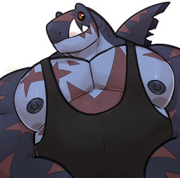 anthro big_chest black_clothing black_sclera black_shirt black_topwear brown_markings clothing gangs grey_body male markings muscular muscular_anthro muscular_arms muscular_male orange_eyes pecs shirt simple_background smile solo tank_top topwear undersized_clothing white_background same22shark nelson_(same22shark) aquatic fish shark 2022 digital_media_(artwork) hi_res