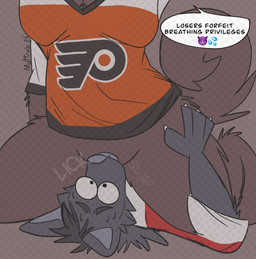anthro anthro_on_anthro asphyxiation breath_play cunnilingus dominant dominant_female duo emoji facesitting female hockey hockey_jersey male male/female oral sex sitting sitting_on_another speech_bubble sport text vaginal muttrub nhl philadelphia_flyers remy_(muttrub) canid canine canis domestic_dog mammal english_text hi_res