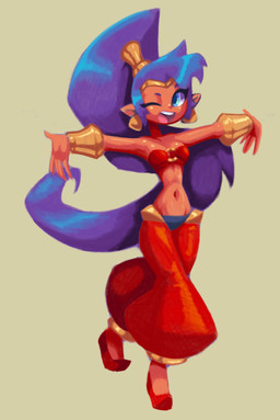 clothed clothing female hair long_hair looking_at_viewer one_eye_closed open_mouth pointy_ears ponytail raised_arms simple_background smile solo standing tan_background tomboy wink shadowhawx95 shantae_(series) wayforward shantae genie humanoid hybrid absurd_res hi_res