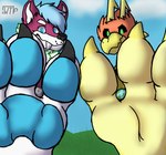 anthro cloud duo feet grass looking_at_viewer looming male male/male micro paws planet plant shrunken_object shrunken_planet smile smirk soles wolftical_(artist) viraxe wolftical avian bird canid canine canis mammal wolf absurd_res hi_res