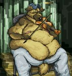 baseball_cap belly belly_overhang big_belly bottomwear bowed_string_instrument brown_body brown_fur clothing denim denim_bottomwear denim_clothing double_chin eyes_closed fur hat headgear headwear jeans male moobs musical_instrument musician obese overweight overweight_male pants playing_music playing_violin solo string_instrument tan_body tan_fur violin southernyote canid canine canis domestic_dog german_shepherd herding_dog mammal pastoral_dog