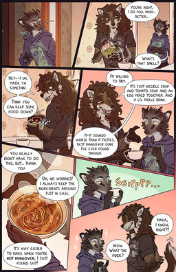 anthro black_nose bowl brown_body brown_eyes brown_fur cheek_tuft clothed clothed_anthro clothing container dialogue duo eating facial_tuft fangs fluffy fluffy_tail food fur grey_body grey_fur grin hair head_tuft holding_bowl holding_container holding_object hoodie kitchen looking_at_another male motion_lines noodles onomatopoeia oversized_clothing oversized_hoodie oversized_topwear pickle_jar pointy_ears prick_ears smile snout sound_effects speech_bubble tail tail_motion tailwag tan_body tan_fur teeth text topwear tuft tusks yellow_sclera falco_works indy_(justroadkill) pen_(falco_works) canid canine canis cervine coyote deer mammal tufted_deer 2026 comic digital_media_(artwork) english_text hi_res