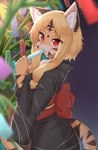 anthro asian_clothing black_body black_fur blonde_hair blush clothed clothing cute_fangs east_asian_clothing fangs female female_anthro fur hair holding_object inner_ear_fluff japanese_clothing kemono looking_at_viewer looking_back looking_back_at_viewer multicolored_body multicolored_fur pupils red_eyes slit_pupils solo teeth tuft white_body white_fur yellow_body yellow_fur horokusa0519 tora-chan_(horokusa) felid mammal pantherine tiger 2022 digital_media_(artwork) hi_res