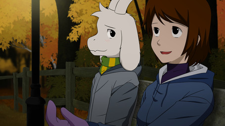 anthro autumn clothing duo female fur horn jacket lamp lantern long_ears male stripes topwear white_body white_fur bluewarden17 undertale undertale_(series) asriel_dreemurr frisk_(undertale) boss_monster_(undertale) bovid caprine goat human mammal 16:9 hi_res widescreen