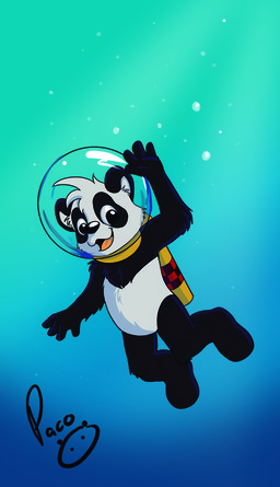 anthro arm_tuft black_body black_fur cheek_tuft elbow_tuft facial_tuft featureless_crotch front_view fur gesture glistening glistening_eyes head_tuft logo looking_at_viewer male male_anthro mostly_nude open_mouth open_smile smile solo tuft waving waving_at_viewer white_body white_fur young young_anthro young_male pandapaco parinton bear giant_panda mammal artist_logo signature