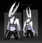 2020 accessory ambiguous_gender animal_humanoid arthropod arthropod_humanoid black_and_white black_background black_body black_eyes black_skin bottomwear claws clothed clothing darkdog digital_drawing_(artwork) digital_media_(artwork) front_view gradient_background hi_res hollow_knight hollow_knight_(character) holster horn humanoid insect insect_humanoid long_arms looking_down monochrome mouthless pants portrait pose pure_vessel_(hollow_knight) rear_view shirt simple_background skinny skinny_humanoid slim slim_humanoid small_waist solo standing team_cherry text three-quarter_portrait topwear vessel_(species) white_background white_body white_head white_skin