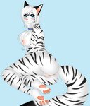 anthro anus black_stripes blue_eyes breasts butt female fur genitals hair long_hair long_tail nipples pawpads pussy side_boob simple_background solo stripes tail white_body white_fur sm0shy melody_(sakuradlyall) felid mammal pantherine tiger hi_res