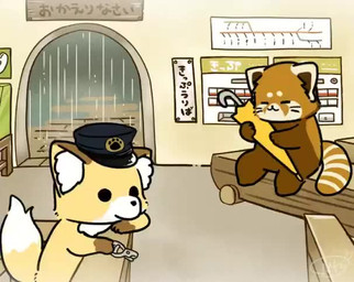 anthro brown_body brown_fur chibi clothing detailed_background dot_eyes duo eyes_closed feral fur hat headgear headwear inside raining simple_eyes sitting sleeping text tired umbrella shi_nominmin ailurid canid canine fox mammal red_panda 2021 animated japanese_text no_sound short_playtime video