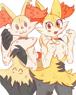 3_fingers :3 ambiguous_gender anthro arm_tuft black_body black_fur blush blush_lines cheek_tuft chest_tuft collar dipstick_tail duo eyelashes eyes_closed facial_tuft fake_eyes featureless_crotch fingers fur grey_body grey_fur happy inner_ear_fluff looking_at_viewer markings multicolored_body multicolored_fur open_mouth orange_body orange_eyes orange_fur orange_nose shoulder_tuft simple_background tail tail_markings tan_body tan_fur tongue tuft white_background white_body white_fur yellow_body yellow_fur se1t nintendo pokemon braixen canid canine generation_6_pokemon generation_7_pokemon mammal mimikyu pokemon_(species) 2026 4:5 absurd_res digital_media_(artwork) hi_res