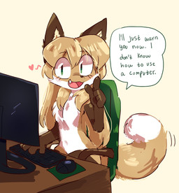 anthro brown_body brown_fur chair computer computer_mouse countershade_torso countershading dipstick_tail electronics female female_anthro fur furniture gloves_(marking) green_eyes hair keyboard left-handed leg_markings looking_at_viewer markings multicolored_body multicolored_fur simple_background sitting socks_(marking) solo speech_bubble tail tail_markings text two_tone_body two_tone_fur white_body white_fur conditional_dnp fiddleafox averi_(fiddleafox) canid canine fox mammal red_fox true_fox 2020 english_text hi_res