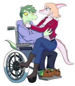 animal_slippers anthro blonde_hair clothed clothing disability duo female footwear green_body green_hair hair hoodie jacket long_snout long_tail multicolored_body on_lap paraplegic shoes short_hair simple_background sitting sitting_on_lap slippers snout spiked_clothing spiked_jacket spikes tail tired_eyes topwear two_tone_body vehicle wheelchair white_background white_body yellow_sclera yakkokatto cavemanon_studios i_wani_hug_that_gator mia_moretti olivia_halford baryonyx dinosaur hadrosaurid ornithischian ornithopod parasaurolophus prehistoric_species reptile scalie spinosaurid theropod absurd_res hi_res