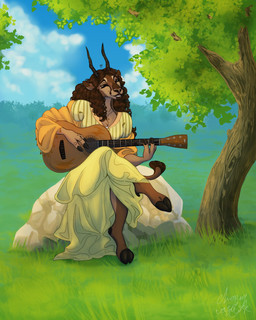 acoustic_guitar alternate_species anthro barefoot black_hooves black_horn blue_sky breasts brown_body brown_fur brown_hair clothed clothing cloud curly_hair day detailed_background dress eyes_closed feet female female_anthro fingers fully_clothed fur furrification grass guitar hair hooved_fingers hooves horn jewelry long_hair musical_instrument necklace on_rock open_mouth outside plant playing_guitar playing_music plucked_string_instrument rock singing sitting sitting_on_rock sky snout solo string_instrument tail tail_tuft tree tuft unguligrade yellow_clothing yellow_dress chorny_vasiliok the_hunger_games lucy_gray_baird antelope bovid gazelle mammal 2025 4:5 digital_drawing_(artwork) digital_media_(artwork) hi_res shaded soft_shading