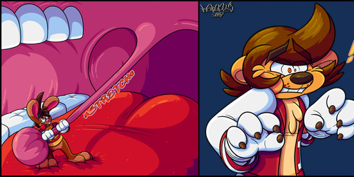 3_toes 4_fingers anthro big_feet big_tongue cartoon_gloves cartoon_physics cheek_bulge claws clothing duo feet finger_claws fingers inside_mouth jacket letterman_jacket male male/male mawplay paws red_tongue shirt slapstick slapstick_humor soft_vore toes tongue toony toony_moment topwear uvula uvula_play vore wide_tongue marquis2007 liam_(tamerkoh) roderick_(tamerkoh) felid lagomorph leporid lion mammal pantherine rabbit absurd_res alpha_channel hi_res multiple_scenes