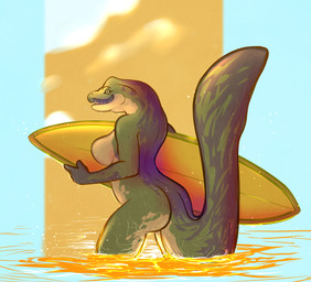 anthro big_breasts big_butt breasts butt female green_body holding_object light long_tail looking_at_viewer non-mammal_breasts nude open_mouth outside partially_submerged sea simple_background sky smile solo standing standing_in_water sunlight surfboard tail teeth water yellow_eyes kaputotter anna_(user_55) aquatic eel fish moray_eel absurd_res hi_res
