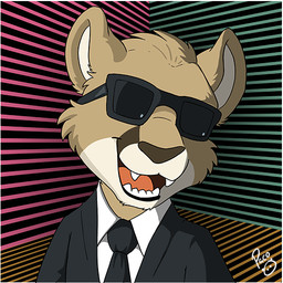 anthro black_clothing black_topwear brown_body brown_fur brown_nose clothed clothing eyewear fangs front_view fur logo male obscured_eyes open_mouth open_smile red_tongue smile solo sunglasses teeth tongue topwear white_body white_clothing white_fur white_topwear young young_anthro young_male pandapaco max_headroom felid mammal 1:1 2020 artist_logo bust_portrait portrait signature
