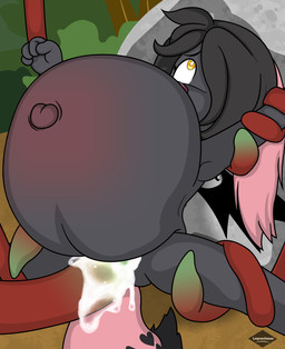 anthro back_wings belly big_belly biped black_body black_fur black_hair black_markings black_nose bodily_fluids cum cum_in_vagina cum_inflation cum_inside day dipstick_tail eye_roll eyebrows female flat_chested floppy_ears fluffy_ears forest fur genital_fluids genitals green_eyes hair hair_over_eye huge_belly hyper hyper_belly inflation loli lop_ears markings navel nipples nude outside penetration plant questionable_consent restrained restrained_by_tentacles sex solo spread_legs spreading tail tail_markings tentacle_in_vagina tentacle_penetration tentacle_sex tentacles tongue tree vaginal vaginal_penetration wings young young_anthro young_female leprechaun_(artist) mythology bird_dog canid canid_demon canine canis cocker_spaniel demon domestic_dog hellhound hunting_dog mammal mythological_canine mythological_creature spaniel 2025 absurd_res hi_res story story_in_description