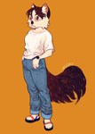 anthro blue_bottomwear blue_clothing bottomwear brown_body brown_fur brown_hair cheek_tuft clock clothed clothing denim denim_bottomwear denim_clothing facial_tuft fangs female fluffy fluffy_tail footwear fur hair inner_ear_fluff jeans orange_eyes pants sandals shoes simple_background solo standing tail teeth topwear tuft watch white_body white_clothing white_fur white_topwear ursiday domestic_cat felid feline felis mammal hi_res