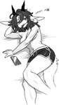 5_fingers anthro bottomwear breasts cellphone clothed clothed_anthro clothed_female clothing electronics female fingers fur hair horn looking_at_viewer lying navel object_in_mouth on_side pants partially_clothed partially_clothed_anthro partially_clothed_female phone simple_background smile solo tail topless topless_anthro topless_female white_background pgm300 mythology chabett dragon mythological_creature mythological_scalie scalie 2025 digital_media_(artwork) hi_res monochrome