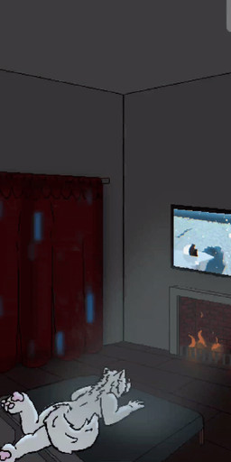 ambiguous_gender anthro bed curtains curtains_open fireplace furniture inside looking_away raining solo text redxw_(artist) beans(redxw) canid canine canis mammal wolf aliasing animated colored digital_media_(artwork) e621_post_recursion hi_res pixel_(artwork) pixel_animation translated