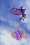 black_body black_scales claws cloud duo female feral flying horn male male/female purple_body purple_scales scales sky tail wings jupizoro activision mythology spyro_the_dragon cynder spyro dragon mythological_creature mythological_scalie scalie hi_res