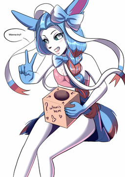 anthro anthrofied blue_body blue_fur blue_hair bottomwear bow_ribbon box braided_hair clothed clothing container crossdressing dialogue femboy fur hair long_hair male multicolored_body multicolored_fur partially_clothed pokemorph ribbons skirt solo speech_bubble tail tail_tuft topwear tuft created_by_vivi nintendo pokemon noel_(daann) canid canine canis eeveelution generation_6_pokemon mammal pokemon_(species) sylveon absurd_res hi_res