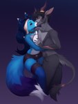 2_horns anthro anthro_on_anthro biped black_hair blue_body blue_fur blue_hair blue_tail clothed clothing dipstick_tail duo female french_kissing fur grey_body grey_fur hair horn kissing male male/female markings multicolored_body multicolored_fur multicolored_hair net_stockings purple_background shirtless simple_background tail tail_markings tail_tuft topless topless_anthro topless_male tuft two_tone_hair white_body white_fur white_hair siriussly canid canine canis hybrid mammal absurd_res digital_media_(artwork) hi_res