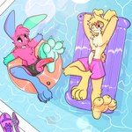 anthro balls bedroom_eyes blue_body blue_fur chest_tuft clothing duo erection eyewear feet foot_focus fur genitals glasses green_body green_fur half-closed_eyes heart_glasses humanoid_genitalia humanoid_penis male narrowed_eyes penis pink_body pink_fur pool_float seductive smile smirk smug smug_face spread_toes swimming_trunks swimwear toes tuft vein veiny_penis white_body white_fur yellow_body yellow_fur xing1 xing_(xing1) lagomorph leporid mammal rabbit 1:1 absurd_res hi_res