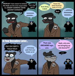 4_panel_comic aged_up annoyed anthro beard blue_background clothing coat dialogue duo ellipsis eyewear facial_hair fangs four_frame_image four_frame_sequence glasses green_background half-closed_eyes humor male mature_anthro mature_male narrowed_eyes necktie open_mouth open_smile political_cartoon politics simple_background smile suit sunglasses sweater teeth text the_truth topwear trenchcoat turtleneck wide_eyed happyroadkill black_panther_party cia circlehead felid humanoid mammal pantherine 2026 comic english_text hi_res multiple_scenes