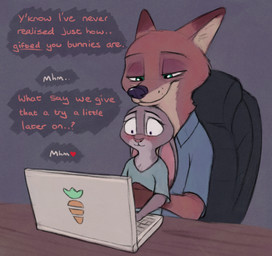 anthro blush chair computer dialogue dipstick_ears duo ear_markings ears_down electronics female fur furniture gloves_(marking) green_eyes grey_body grey_fur heart_symbol interspecies laptop male markings multicolored_ears on_lap pivoted_ears purple_eyes sitting_on_lap speech_bubble text wide_eyed s1m disney zootopia judy_hopps nick_wilde canid canine european_rabbit fox lagomorph leporid mammal oryctolagus rabbit red_fox true_fox 2020 english_text
