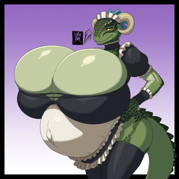 anthro big_breasts breasts clothed clothing female hand_on_hip horn huge_breasts hyper hyper_breasts legwear looking_at_viewer maid_headdress maid_uniform non-mammal_breasts pregnant pregnant_anthro pregnant_female scales simple_background solo standing tail uniform yellow_eyes yellow_sclera fungus-man bethesda_game_studios microsoft skyrim the_elder_scrolls the_lusty_argonian_maid lifts-her-tail argonian reptile scalie 1:1 absurd_res hi_res