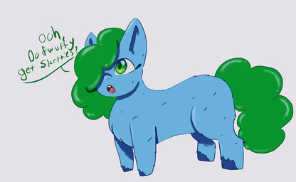 ambiguous_feral ambiguous_gender baby_talk blue_body blue_fur blue_hooves dialogue feral fur green_eyes green_hair green_tail green_text hair hair_over_eye hooves open_mouth quadruped side_view simple_background standing tail teeth text white_background young young_ambiguous young_feral julie_(artist) fluffy_pony fluffy_pony_(species) mammal 2023 digital_media_(artwork) english_description english_text redraw shaded