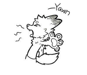 anthro chibi clothing fangs fur hair half_naked male open_mouth pawpads paws ponytail teeth tongue white_body white_fur yawn mixia cricket_chen arctic_fox canid canine fox mammal true_fox