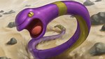 ambiguous_gender open_mouth purple_body rock sand solo supearibu nintendo pokemon ekans generation_1_pokemon pokemon_(species) reptile scalie 16:9 2020 hi_res widescreen