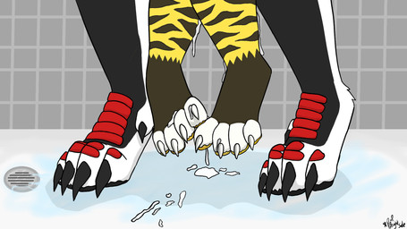 anthro bathing bodily_fluids cum cum_on_feet cum_on_ground duo ejaculation feet genital_fluids lifting_another male male/male paws raised_paw sex shower shower_sex showering spencerthetiger hakanthevernid felid mammal pantherine royal_vernid tiger vernid 16:9 hi_res widescreen