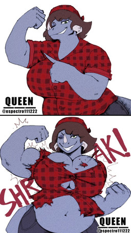 5_fingers anthro belly big_belly big_breasts blue_body blue_scales breasts brown_hair clothing eyelashes facial_horn female fingers flannel flannel_shirt flexing flexing_bicep green_eyes hair horn huge_breasts kerchief lidded_eyes long_tail looking_at_viewer mature_anthro mature_female nose_horn one_eye_closed overweight overweight_anthro overweight_female scales shirt short_hair simple_background smile solo tail teeth text topwear torn_clothing torn_shirt torn_topwear white_background wink winking_at_viewer espectro111222 cavemanon_studios snoot_game fan_character freya_blair dinosaur prehistoric_species reptile scalie 2025 9:16 artist_name digital_drawing_(artwork) digital_media_(artwork) hi_res watermark