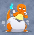 anthro big_diaper blue_eyes blue_fire blush clean_diaper clothed clothing colored_fire diaper diaper_only diaper_puff fighting_pose fingerless_gloves fire fist flaming_tail gloves handwear looking_at_viewer male orange_body orange_scales pose scales solo tail topless wearing_diaper tenerius nintendo pokemon coal_the_charmander charmander generation_1_pokemon pokemon_(species) absurd_res alternate_version_at_source hi_res