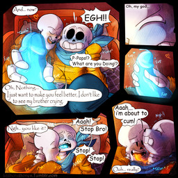 bed blue_penis blush bodily_fluids bone dialogue duo ellipsis erection exclamation_point eyes_closed furniture genitals glowing glowing_genitalia glowing_penis glowing_tongue handjob heart_symbol humanoid_genitalia humanoid_penis interrobang kissing licking male male/male not_furry papyrus_(font) penile penis question_mark sex sitting skeleton sweat tears text tongue tongue_out lizheru undertale undertale_(series) papyrus_(undertale) sans_(undertale) animated_skeleton humanoid undead 1:1 comic comic_sans digital_media_(artwork) english_text multiple_scenes url brother_(lore) brothers_(lore) incest_(lore) sibling_(lore)